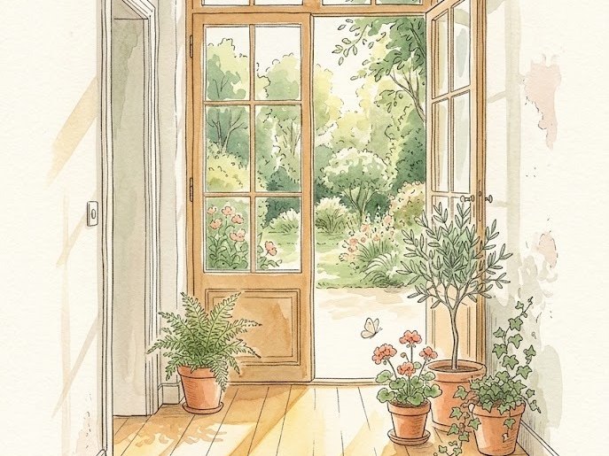Aquarelle : une porte-fenêtre ouverte sur un jardin, des plantes en pots et la lumière sur le parquet