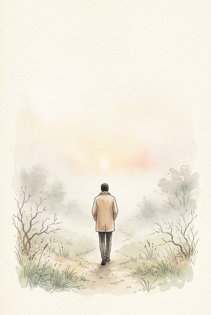 Aquarelle : une silhouette marche sur un chemin, dans le brouillard, vers une lumière pâle
