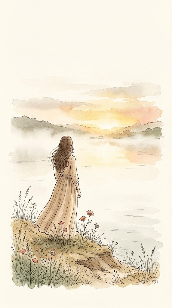 Aquarelle : une femme au bord de l'eau regarde le soleil se lever sur la brume